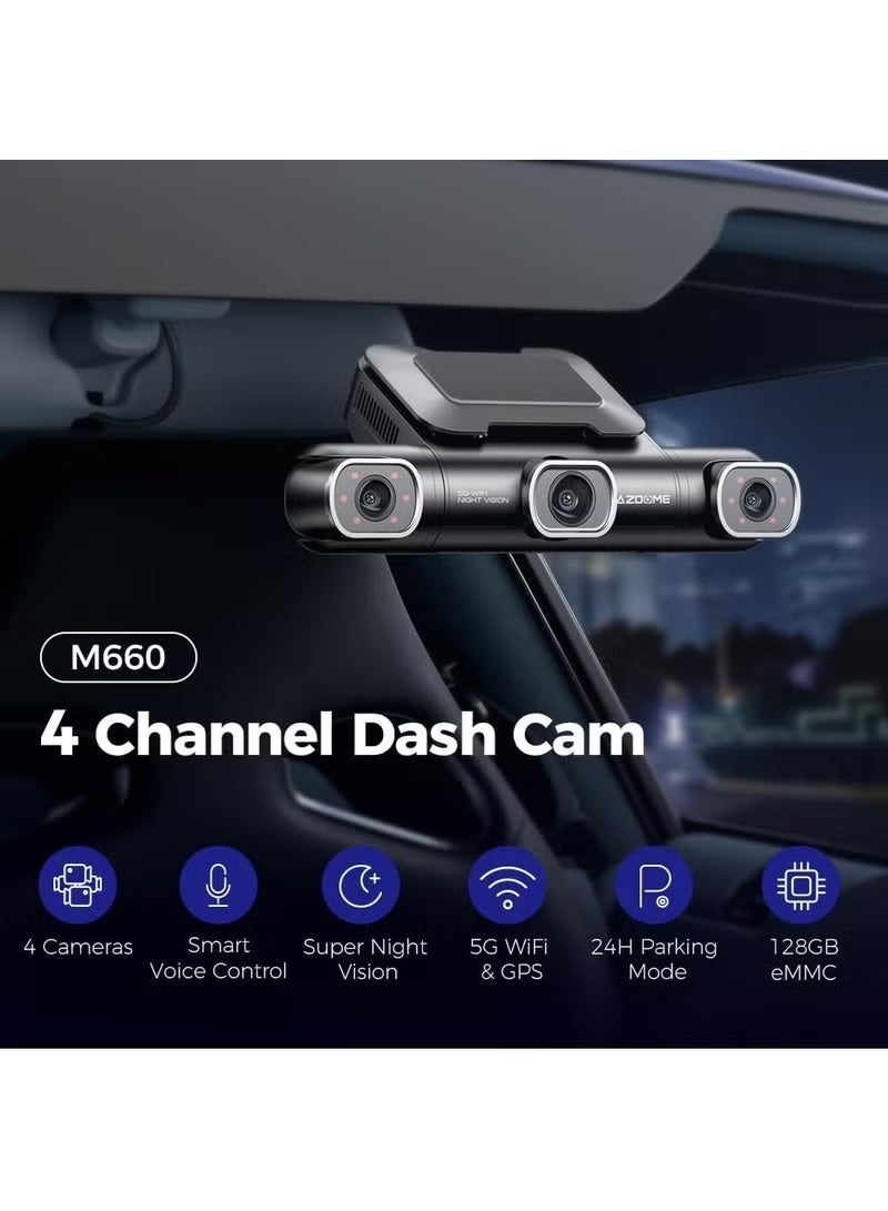 AZDOME 4 Channel 360° Dash Cam Inside with 128GB eMMC, 4K+2K+1K+1K Dashcam 5G WiFi  IR Night Vision, Voice Control, Parking Mode, Fatigue Driving Reminder - Image 2